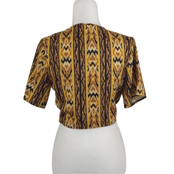 W Southwest Aztec Western Yellow Brown Front Tie CropTop Shirt NWT S Wrap VNeck - Picture 5 of 8